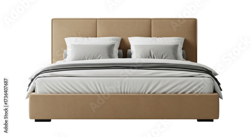 Photos Isolated tan bed frame with pillows and blanket, studio shot in natural light, b