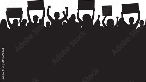 Silhouette crowd holding signs and raising fists protest