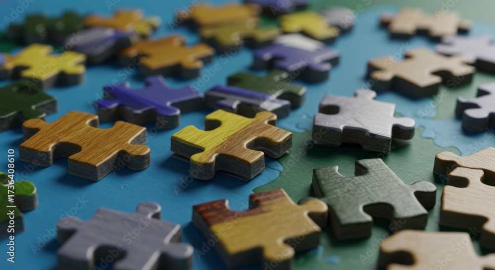 Obraz premium Colorful puzzle pieces scattered on a map background offering a sense of complexity and challenge
