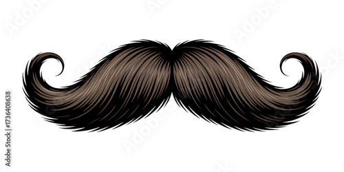 Brown mustache with curled ends isolated on transparent background for design use