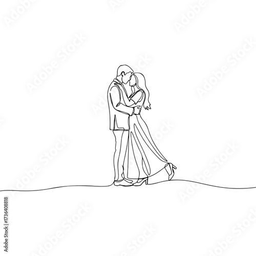 Couple embracing in line art, isolated on white background