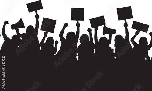 Silhouette crowd holding signs and megaphones protest