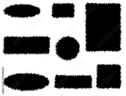 Jagged Black Shapes Set - Distorted Geometric Frames, Abstract Spike Edges, Hand-drawn texture grunge brush rectangle, circle, round text border, and Destroyed Texture Design Elements