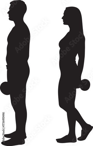 Man and woman silhouettes holding dumbbells vector