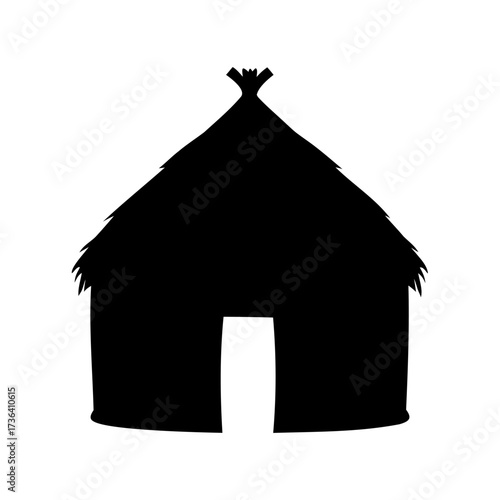 Silhouette of a traditional thatched hut isolated on white background, architecture