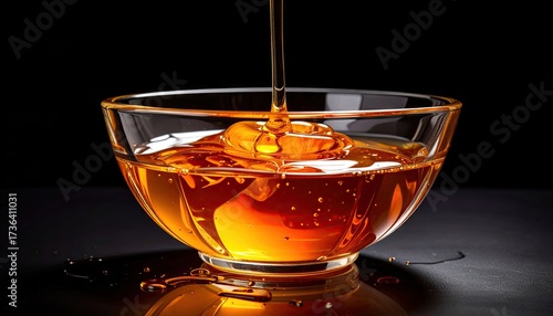 Golden Liquid Being Poured Into Clear Glass Bowl on Black Background with Dramatic Lighting Creating Reflections and Highlights on the Transparent Surface