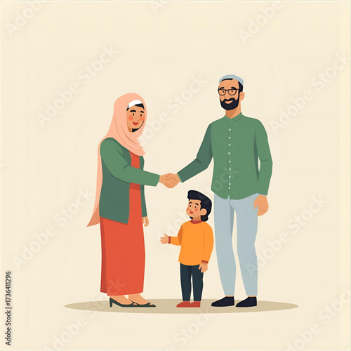 A modern Muslim couple shaking hands in a display of partnership and unity, standing with their young son. Flat vector illustration of family values