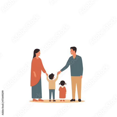 A loving family of four, parents and two children, holding hands and standing together happily