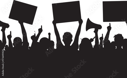 Crowd of silhouetted people holding signs and megaphones