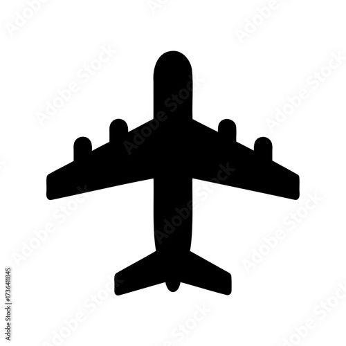 Black airplane silhouette against a white background in a simple illustration