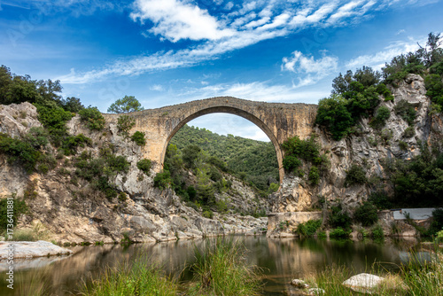 Historic Romanesque Pont de Llierca Bridge Gerona Spain 14th Century Medieval Stone Arch over the Riu Fluvià