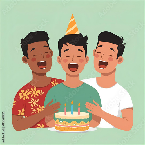 Joyful birthday celebration amongst a group of diverse male friends, sharing laughter and warmth around a festive cake with lit candles, symbolizing happiness and togetherness