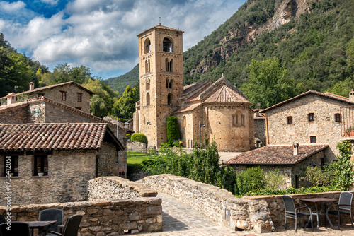 Picturesque view of the historic village of Beget with its 12th-century Romanesque church, Catalonia, Spain.