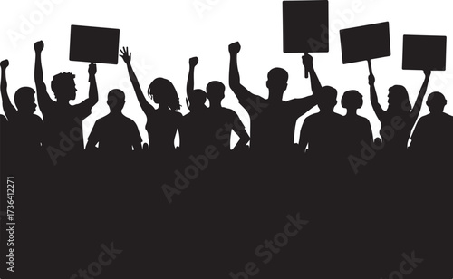 Crowd of silhouetted people holding blank signs protest