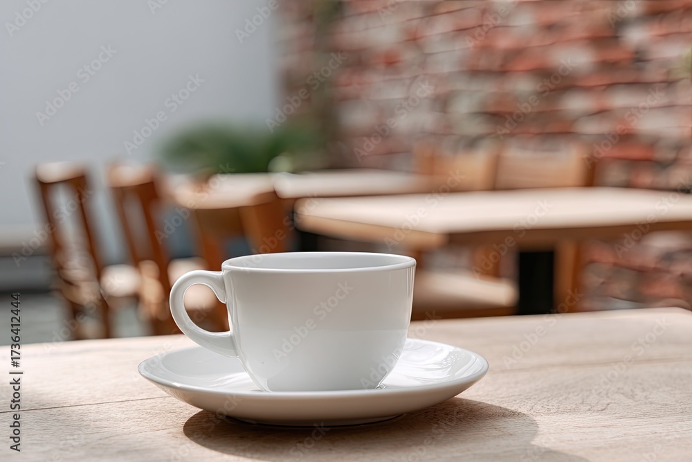 Fototapeta premium White coffee cup on saucer, wooden table, outdoor cafe setting
