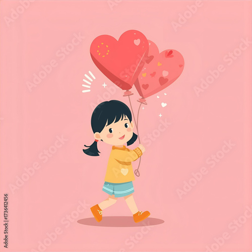 Sweet vector illustration of a happy little girl holding a bunch of red heart-shaped balloons, symbolizing love and joy