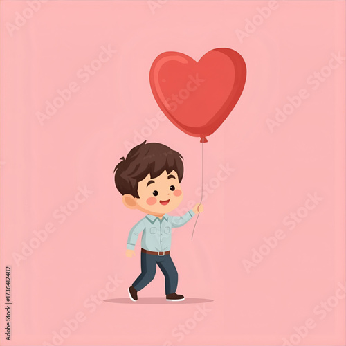 Charming illustration of a happy little boy walking with a big red heart-shaped balloon, a sweet symbol of love and affection