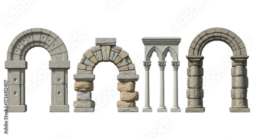 Fotografie Isolated medieval archways and stone column set, European architectural design e
