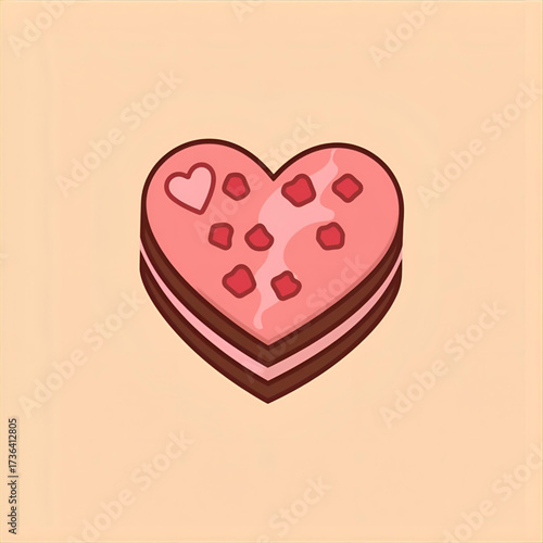 Delightful Heart-Shaped Sweet Treat with Pink Icing and Decorative Red Accents, a Charming Confection Symbolizing Love and Affection, Ideal for Romantic Occasions
