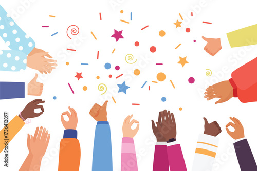 Hands of people show thumbs up, OK vector illustration. Cartoon positive gestures of diverse multicultural group at corner, different female and male arms applaud to winner, greeting and confirm idea
