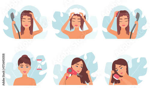 Hair care of woman set vector illustration. Cartoon beauty routine of girl in bathroom, female character standing in shower to wash with shampoo foam, comb long hair and massage scalp, dry with towel