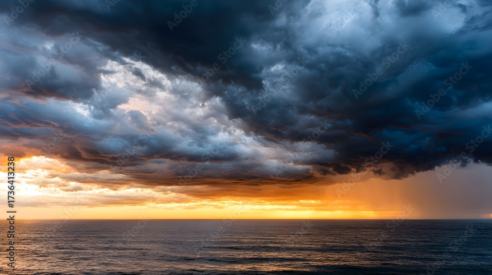 Obraz premium Over the vast ocean, a dramatic sky showcases billowing, dark clouds during a fiery sunset. The horizon is bathed in vibrant orange and golden light, creating a stunning display of natural beauty.