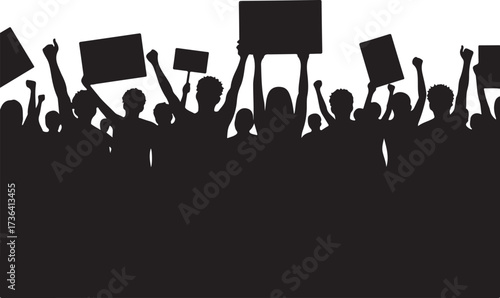 Crowd of people with signs and raised fists protest