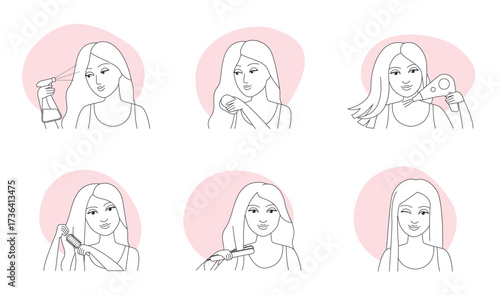 Hair care, hairstyle thin line icons set vector illustration. Outline instructions with female character making massage with comb and brush, drying with hairdryer, ironing curly hair with straightener