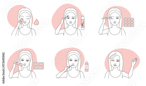 Makeup thin line icons set vector illustration. Outline girls apply on face beauty products with sponge, palette and brush, paint lips with lipstick, makeup steps for female characters collection
