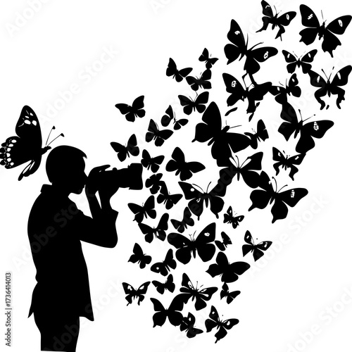 Silhouette photographer capturing beautiful butterfly swarm in nature