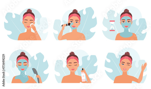 Skin care set vector illustration. Cartoon girls use cotton pads for cleaning, apply cosmetic clay mask with brush and wash with water, natural skincare beauty products and spa treatment for woman