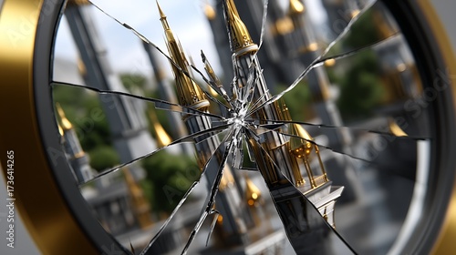 Broken Reflection of Grand Castle Through Cracked Glass with Dramatic Lighting