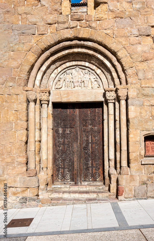 Fototapeta premium Romanesque Architecture Sant Joan i Sant Pau Church Sant Joan de les Abadesses Spain 12th Century Medieval Portal and Tympanum