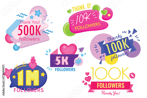 Thank you followers, social media congratulation templates set vector illustration. Cartoon happy funny emoji and hearts elements, banners frame decoration and balloons for happy celebration post