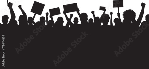 Crowd of people with raised fists and signs protest