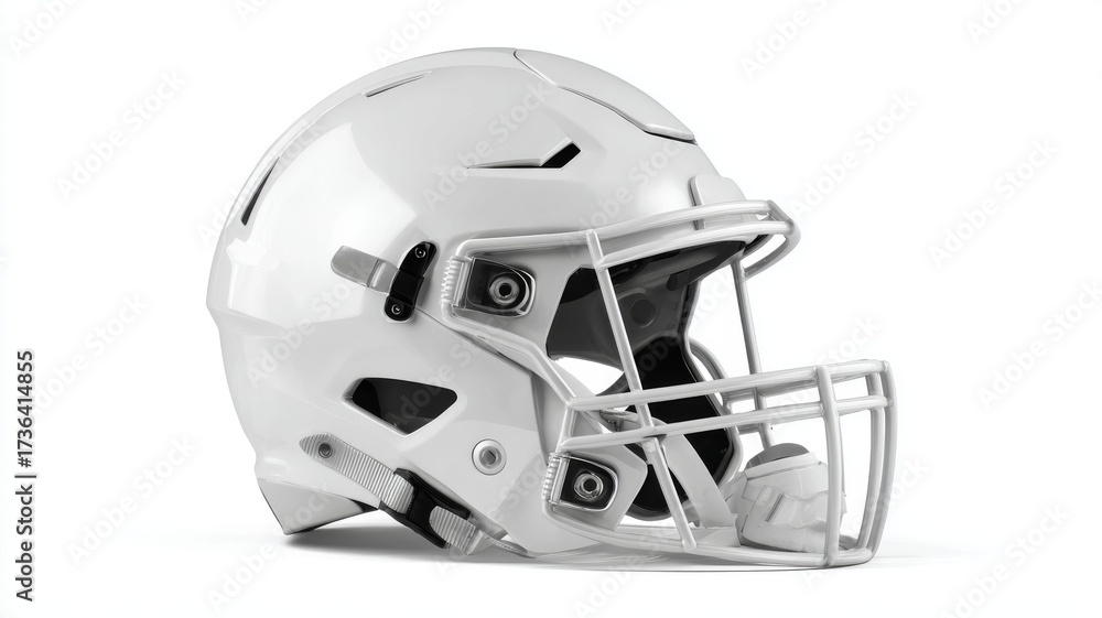 Fototapeta premium White american football helmet isolated on clean white background, professional protective gear for gridiron sport, athletic equipment for training, competition, and team game safety concept.