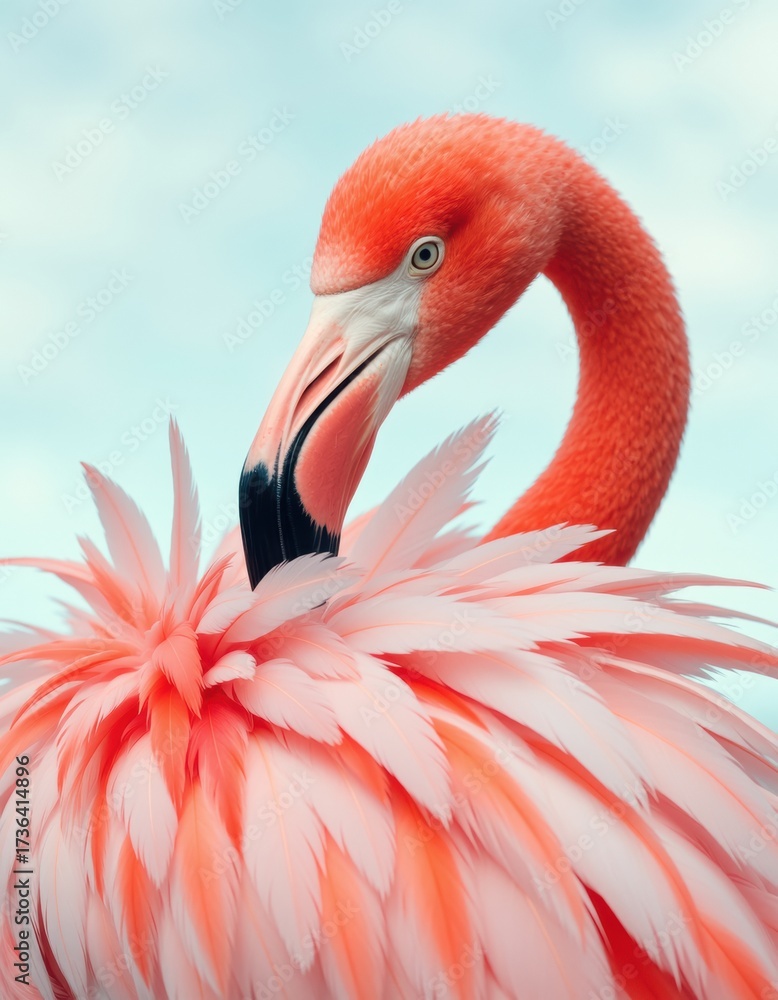 Fototapeta premium Flamingo with vibrant pink feathers and long curved neck in bright light