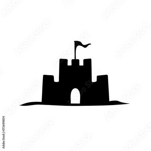 Black silhouette of a sandcastle with a flag on top vector illustration