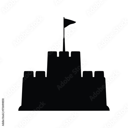 Black silhouette of a simple sandcastle with a flag on top