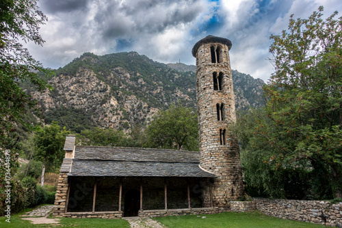Pre-Romanesque Architecture Santa Coloma Church Andorra 10th Century Circular Bell Tower in Mountain Landscape