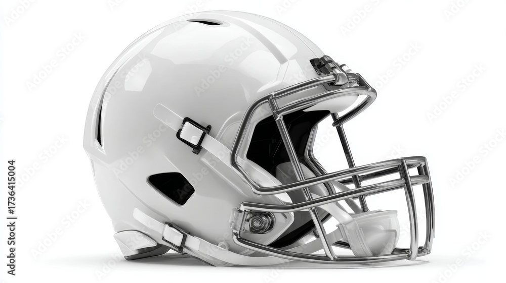 Fototapeta premium White american football helmet isolated on clean white background, professional protective gear for gridiron sport, athletic equipment for training, competition, and team game safety concept. 