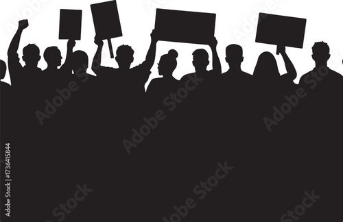 Crowd of people holding protest signs silhouette vector