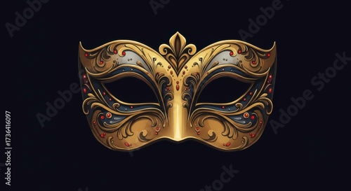 Elegant golden venetian mask with intricate details on a dark background art