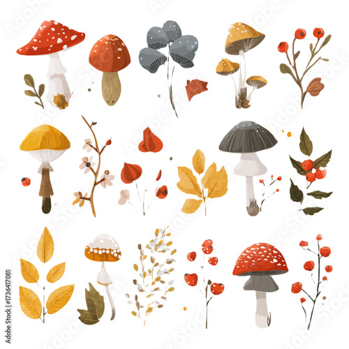 Flat vector autumn nature set with mushrooms, berries, leaves and branches. Minimal seasonal elements isolated on white
