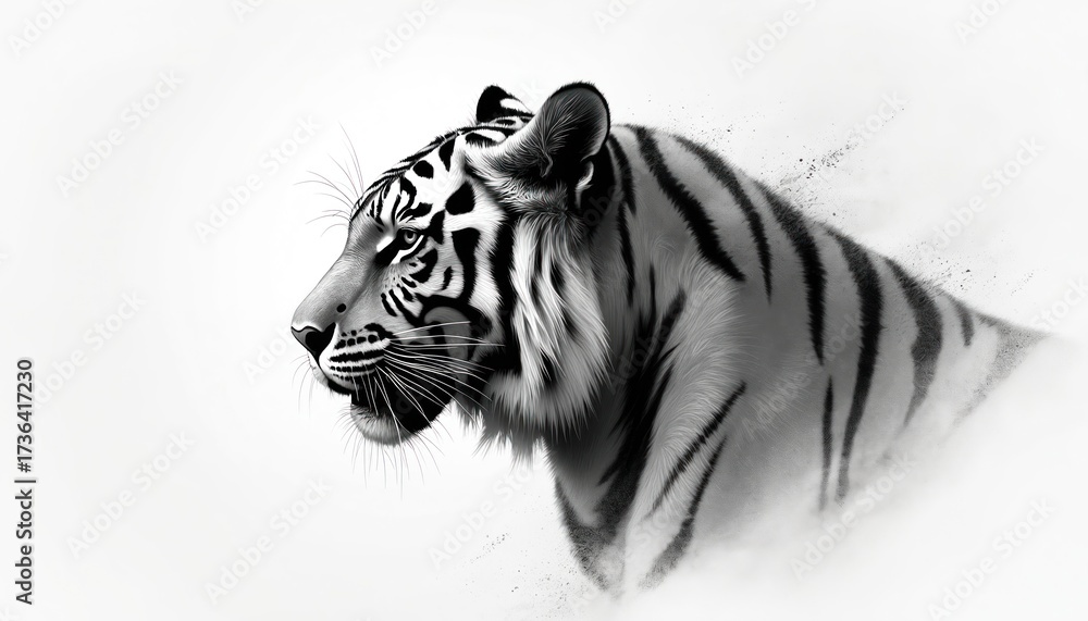 Fototapeta premium Black, white tiger digital illustration in side profile. Detailed drawing of tiger head, body with shading, texture. Majestic wild animal portrait with monochrome color scheme, artistic style.