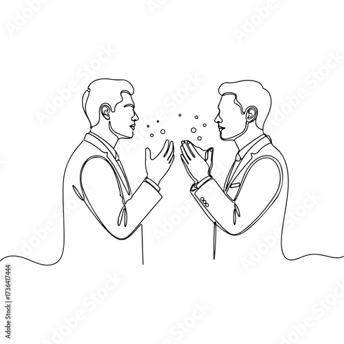 Businessmen interacting with particles in continuous line art