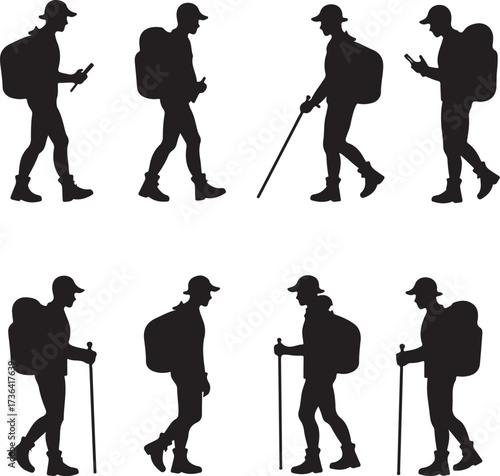 Black silhouettes of hikers with backpacks and walking sticks