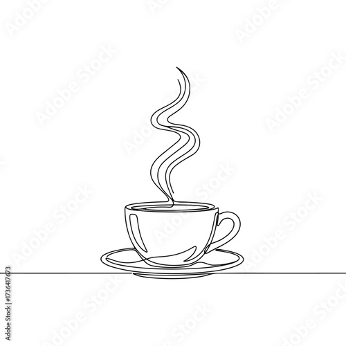 Single line drawing of coffee cup with steam on white background