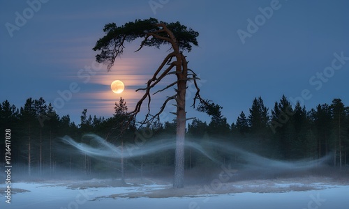 Mystical tree silhouette against a moonlit ethereal landscape.