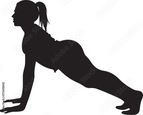 Black silhouette of woman in plank pose on white background